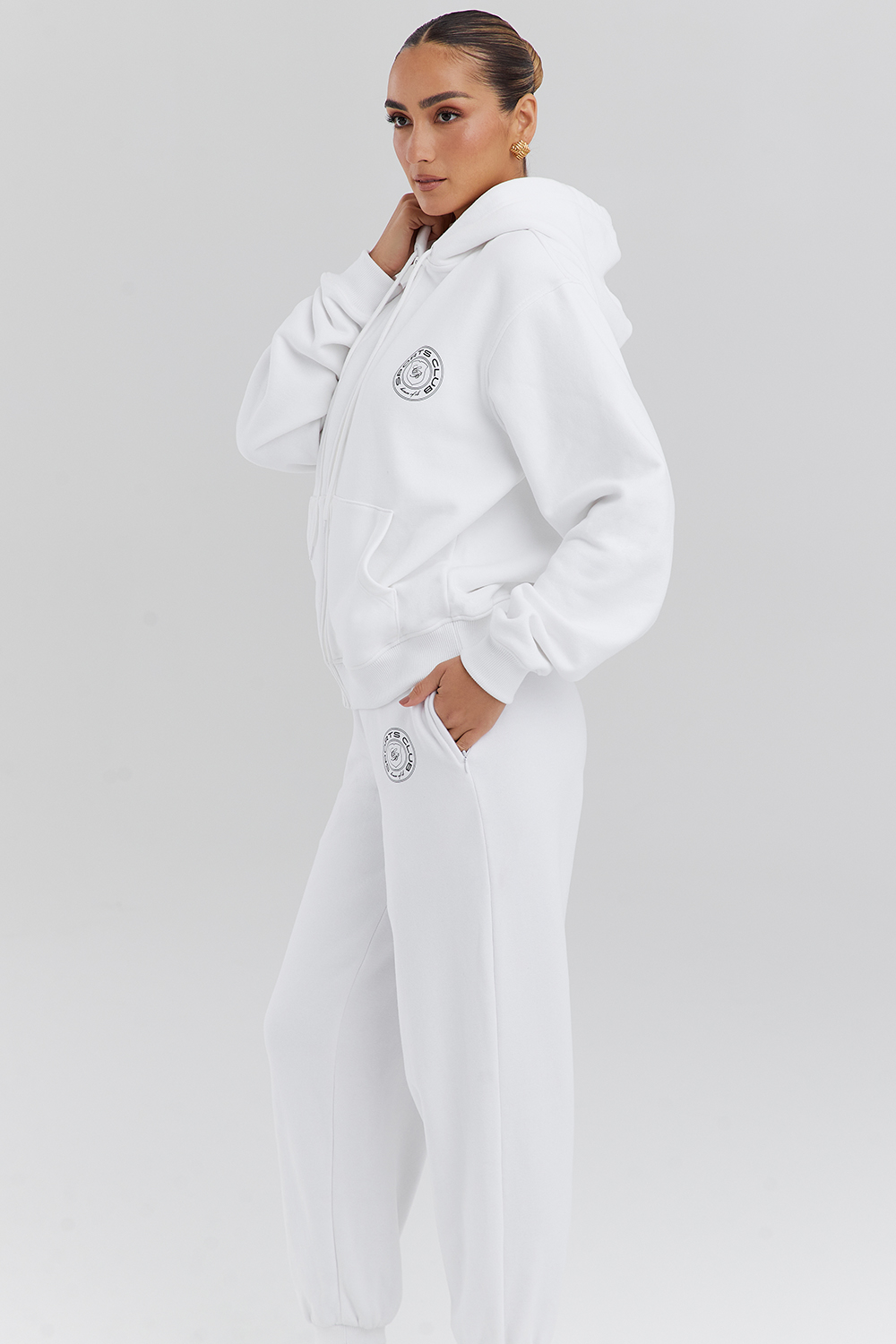 Mirage White Cotton Fleece-Back Zip Through Hoodie