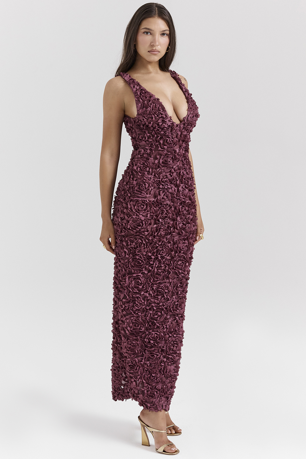 Carena Merlot Plunge Floral Appliqué Maxi Dress