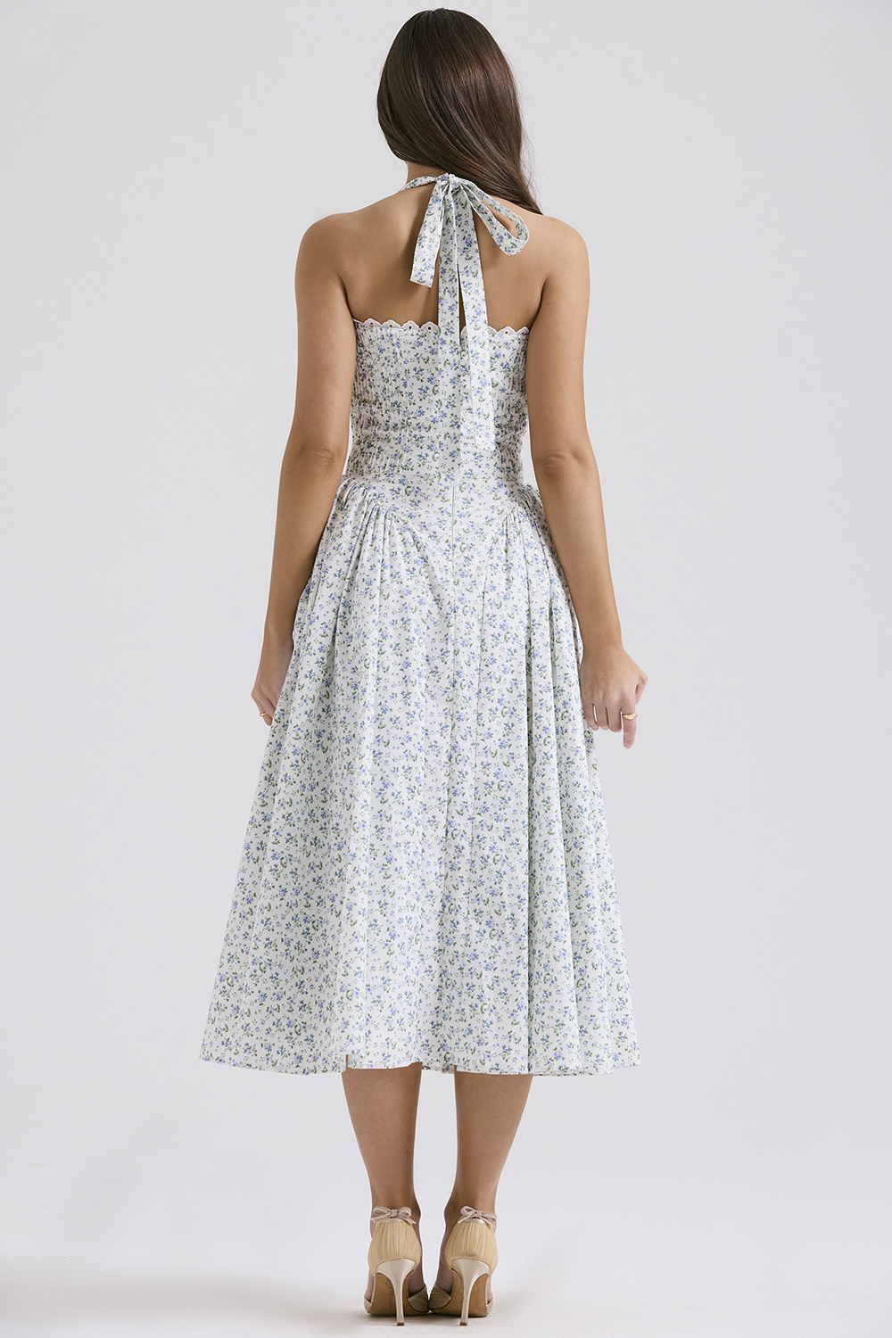Adabella White Bluebell Print Cotton Halter Sundress