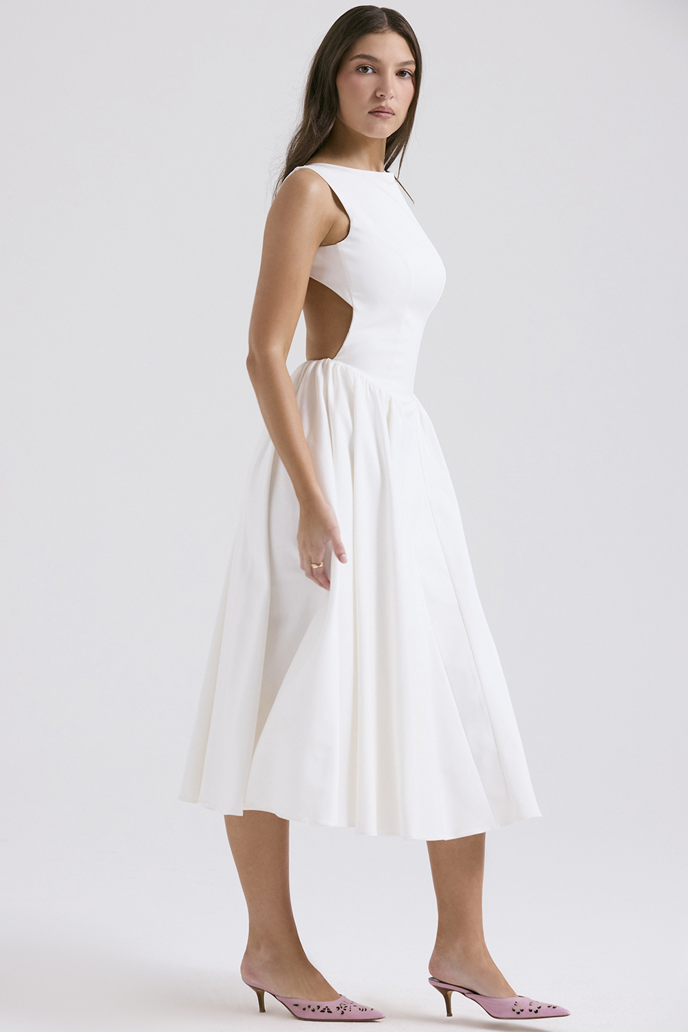 Cindy White Twill Midi Sundress