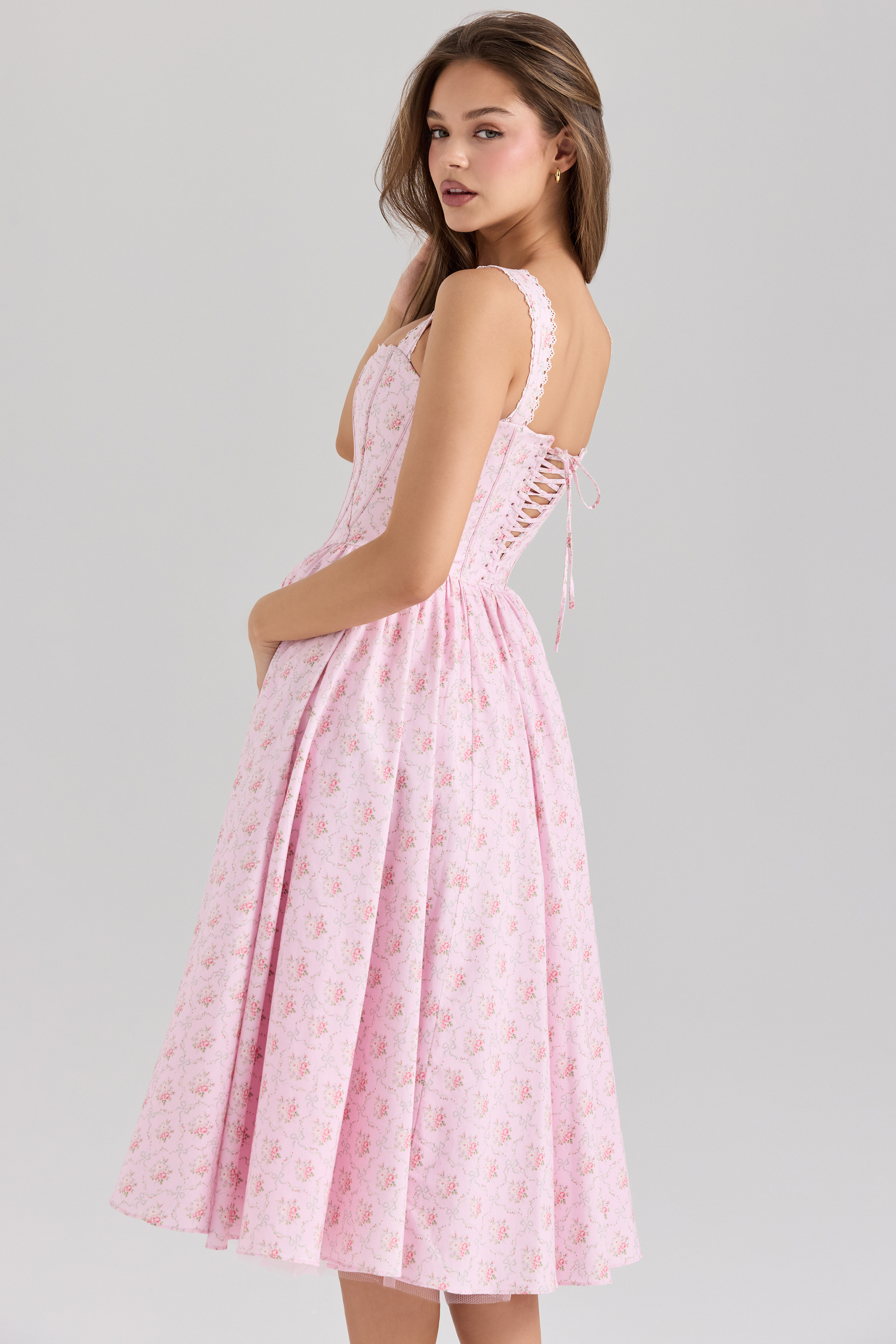 Amara Pink Rose Print Stretch Cotton Corset Midi Dress