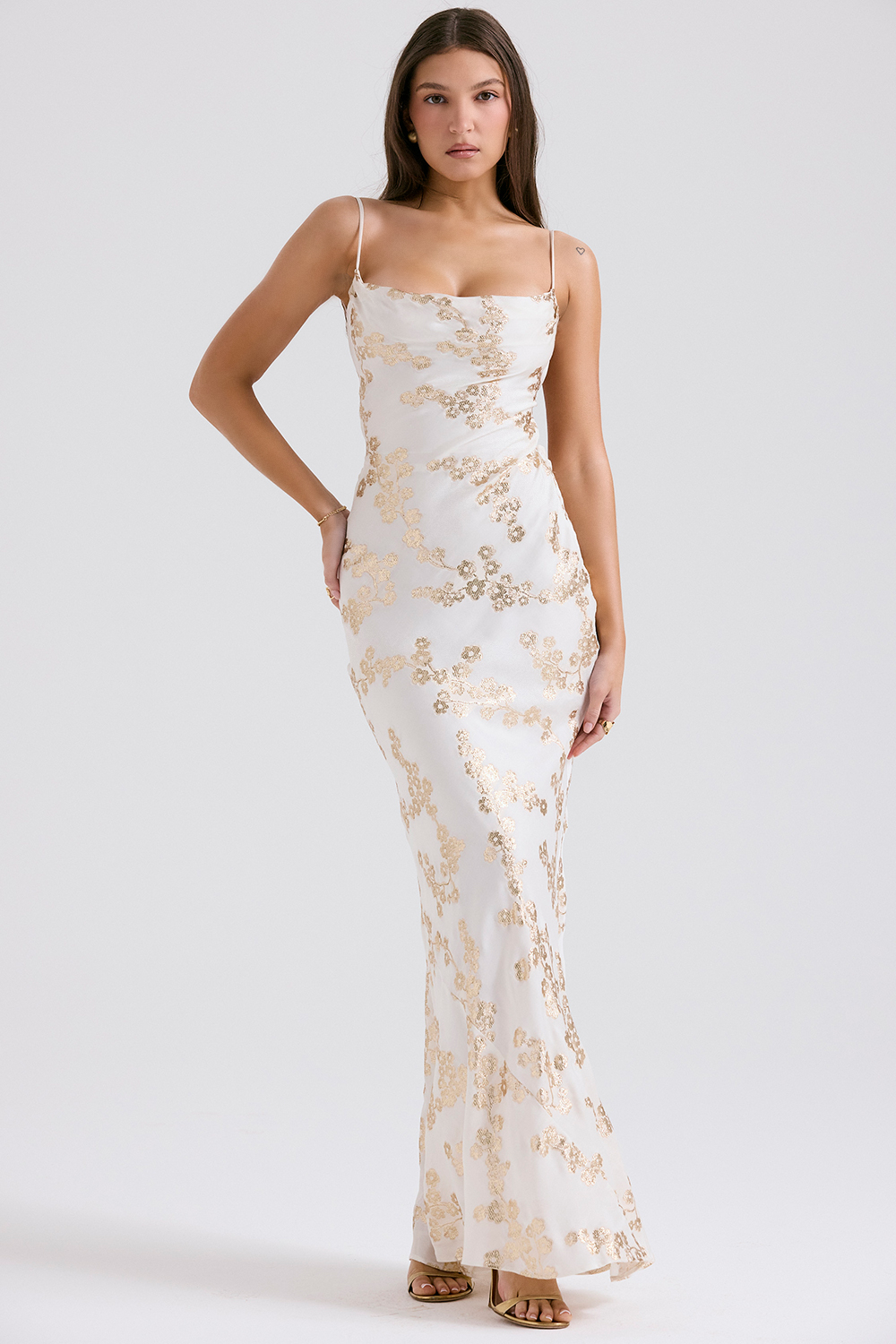 Capriana White & Gold Jacquard Satin Gown