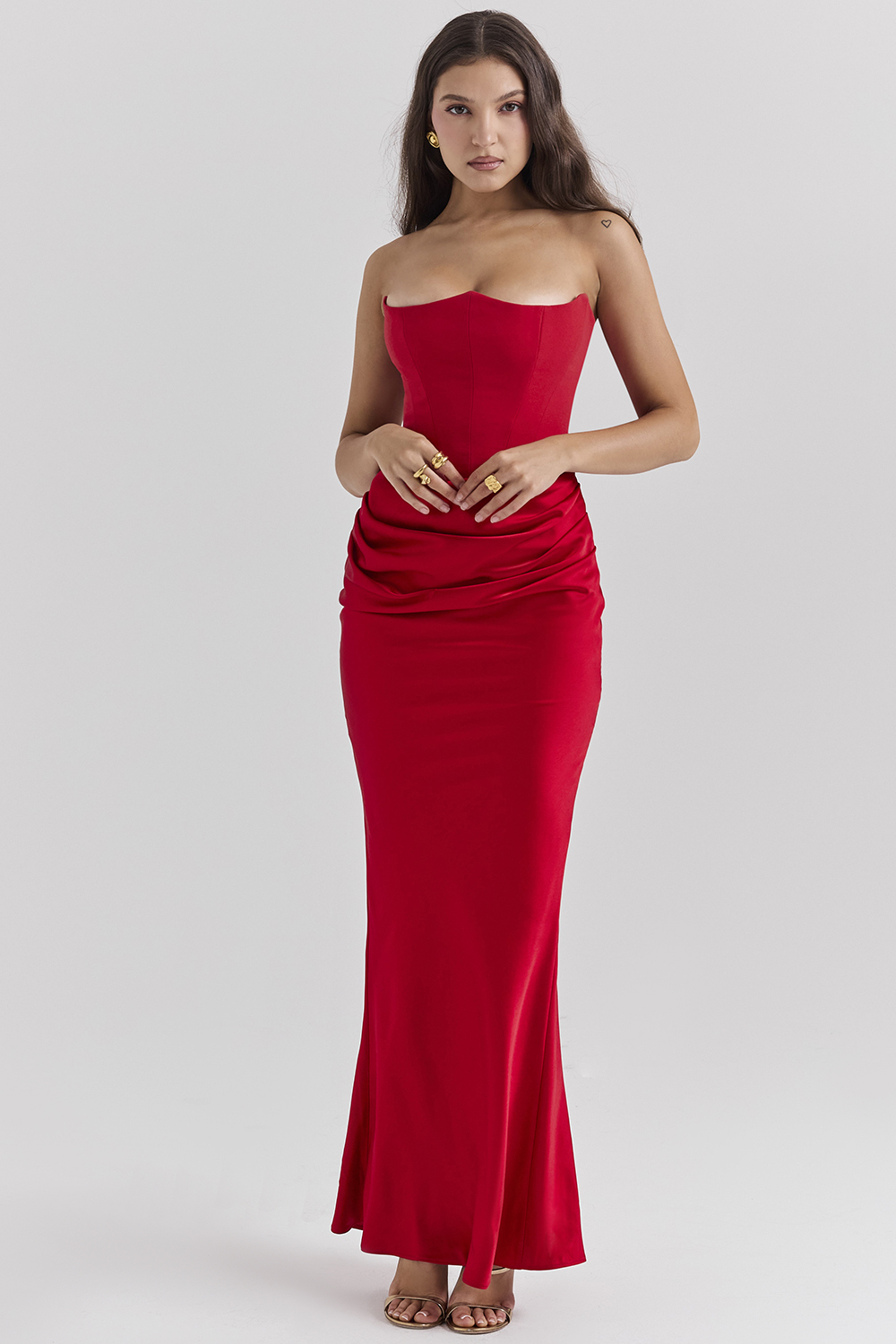 Persephone Scarlet Strapless Corset Maxi Dress