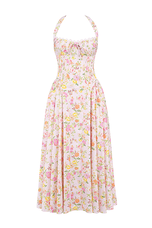 Adabella Pink Meadow Print Cotton Halter Midi Sundress