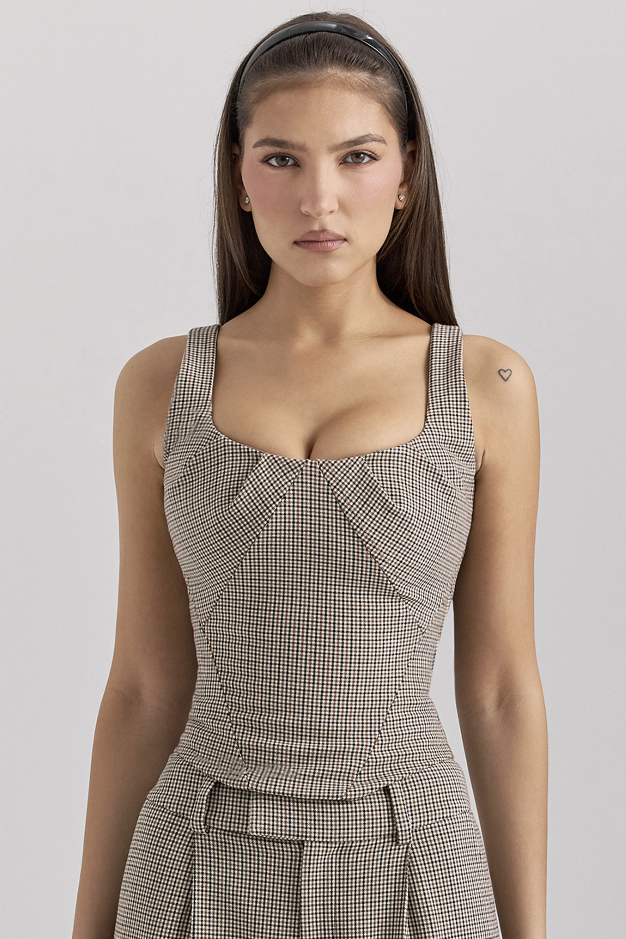 Selma Brown Puppytooth Boned Corset Top
