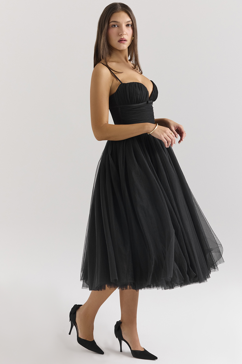 Countess Black Tulle Ruched Bodice Midi Dress - SALE