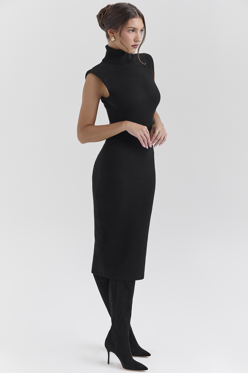 Gaia Black Cashmere Blend Turtle Neck Midi Dress