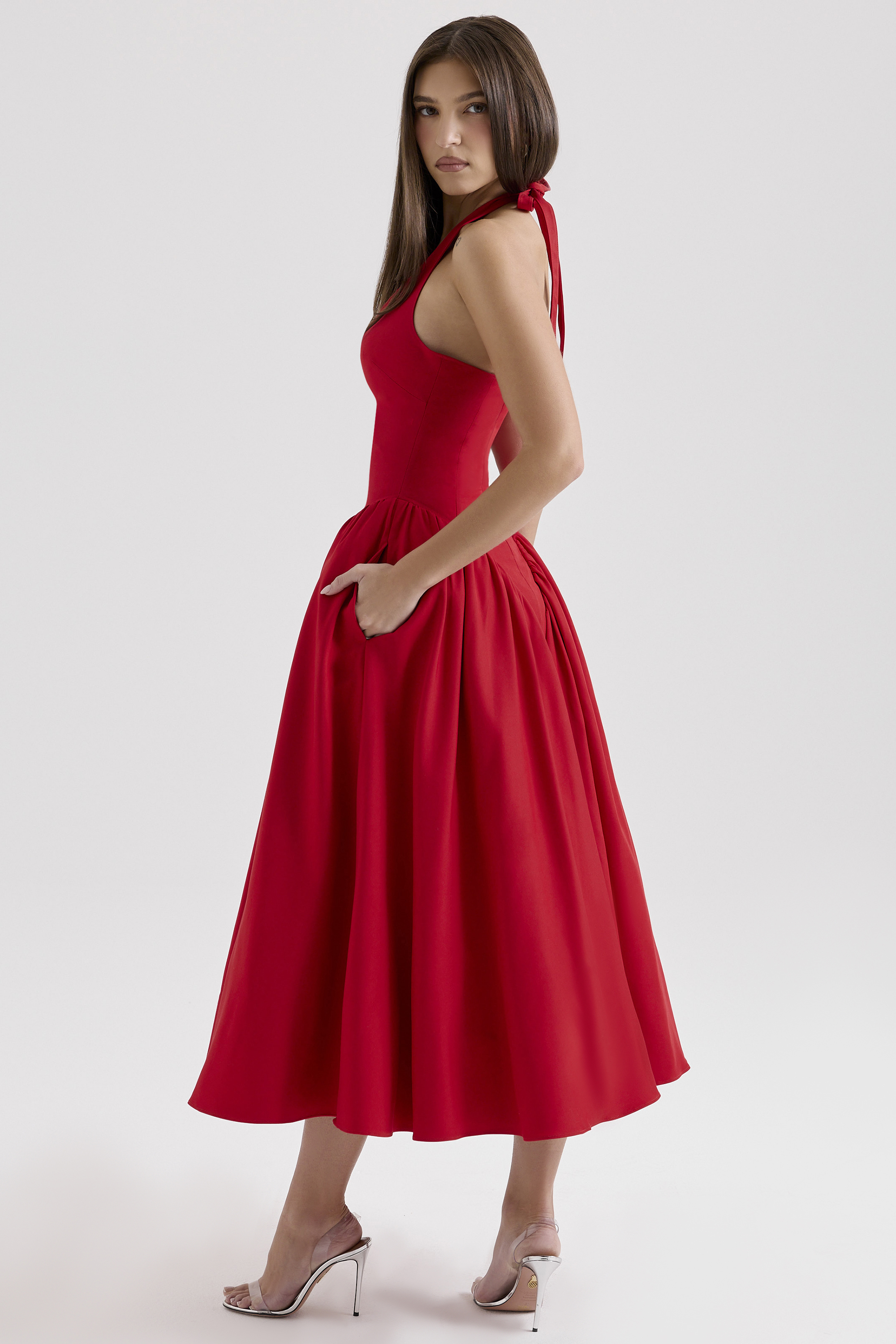 Marilyn Red Twill Halter Midi Dress