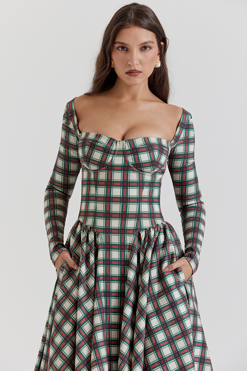 Eliza Red Tartan Corset Midi Dress
