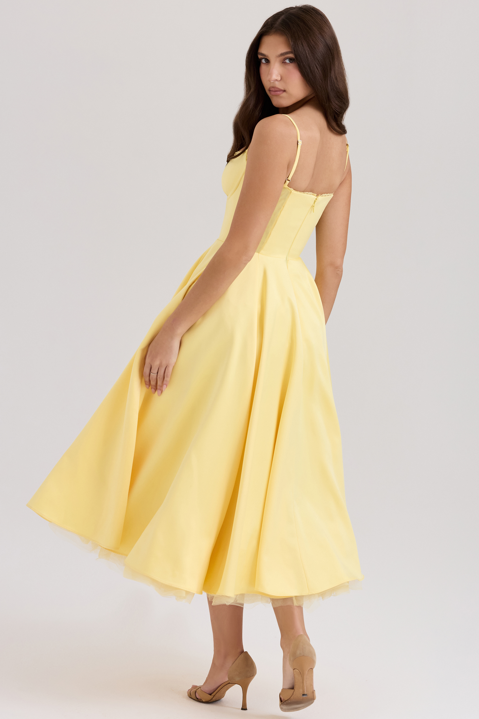 Mademoiselle Sunshine Yellow Satin Tulle Midi Dress