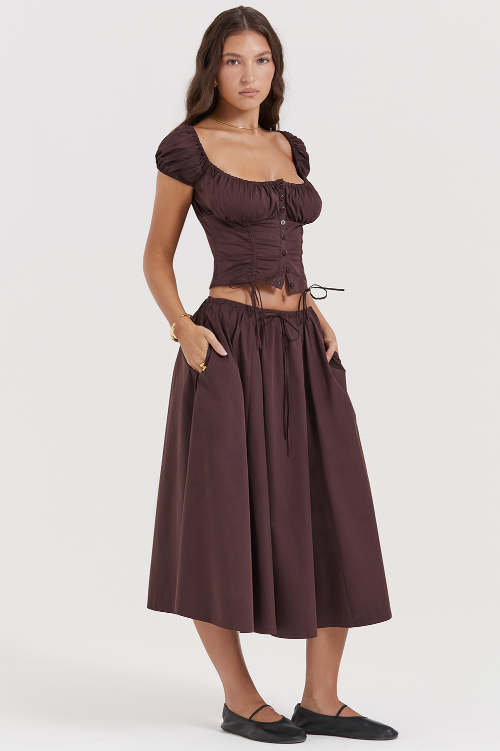 Cora Rich Brown Gathered Midi Skirt