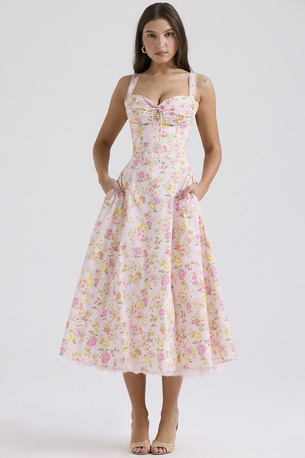 Rosalee Pink Meadow Print Cotton Bustier Sundress