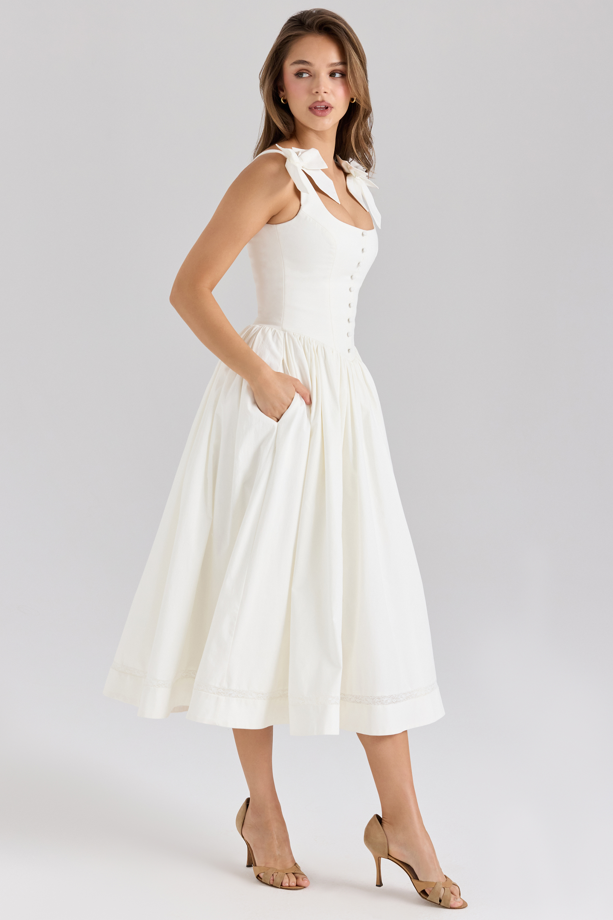 Lillia White Stretch Cotton Bow Midi Dress
