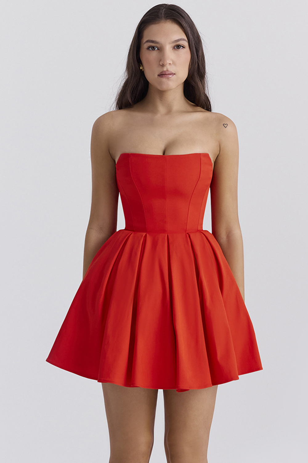 Emmanuela Italian Tomato Strapless Pleated Mini Dress