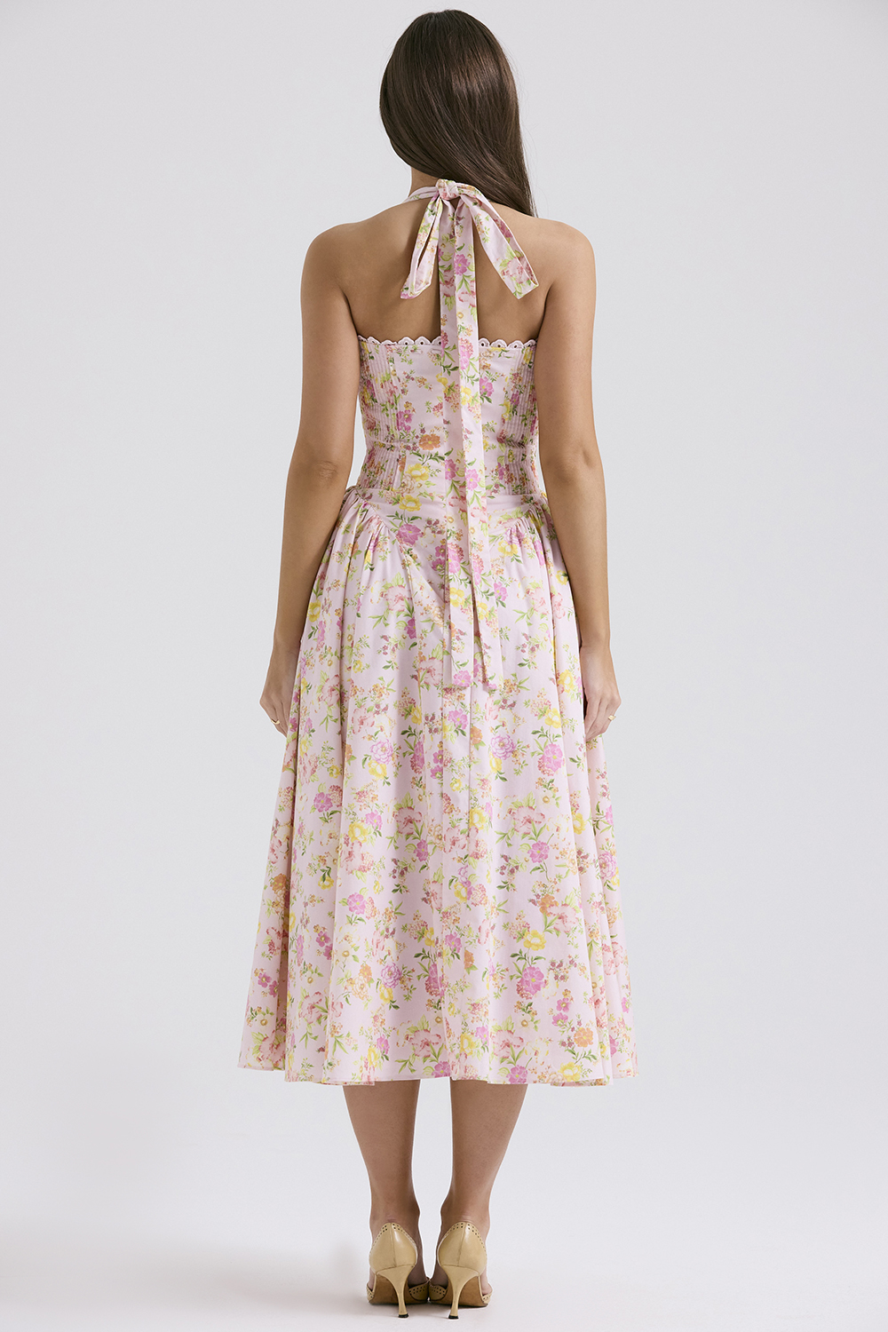 Adabella Pink Meadow Print Cotton Halter Midi Sundress