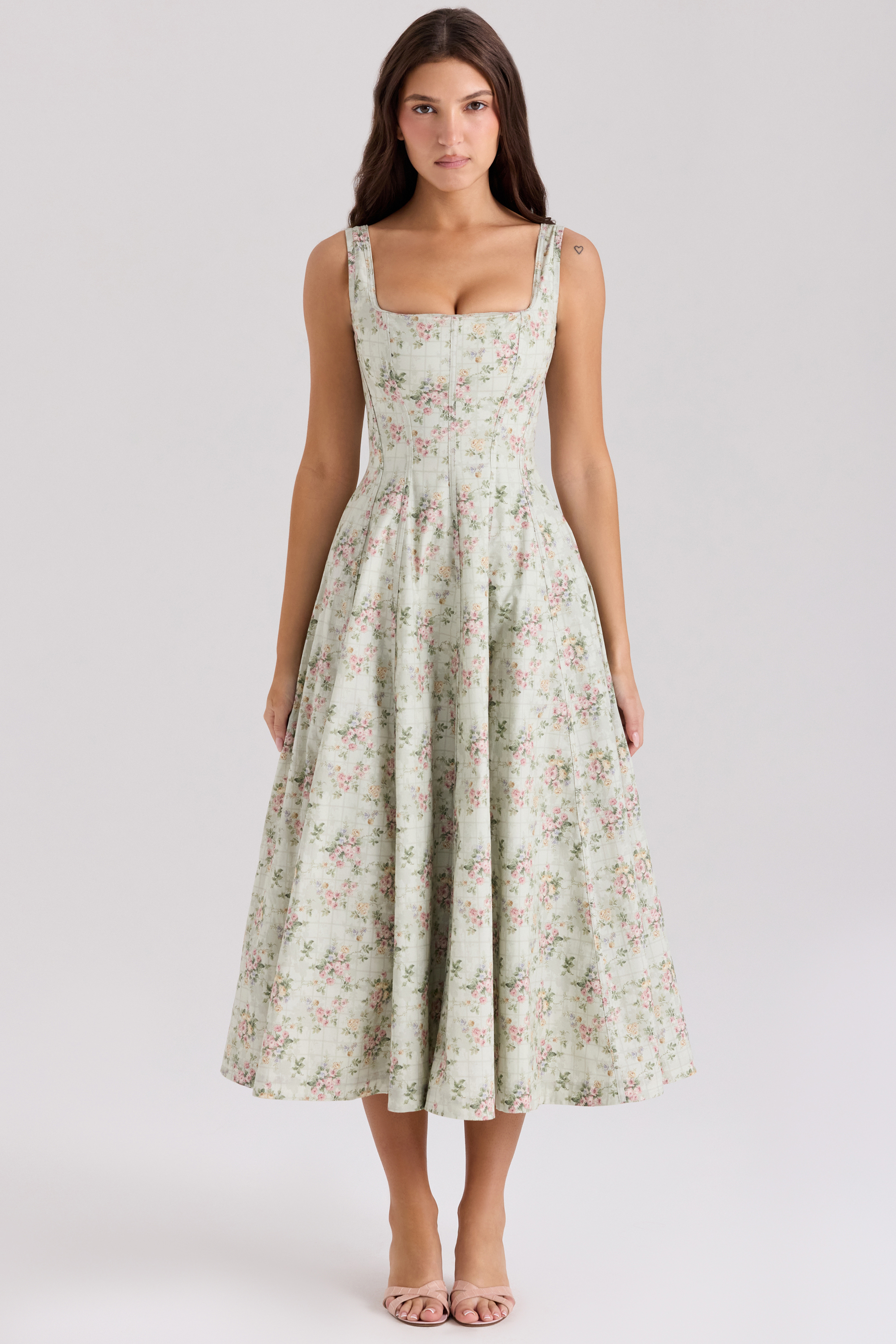 Mariabella Sage Floral Print Cotton Midi Dress