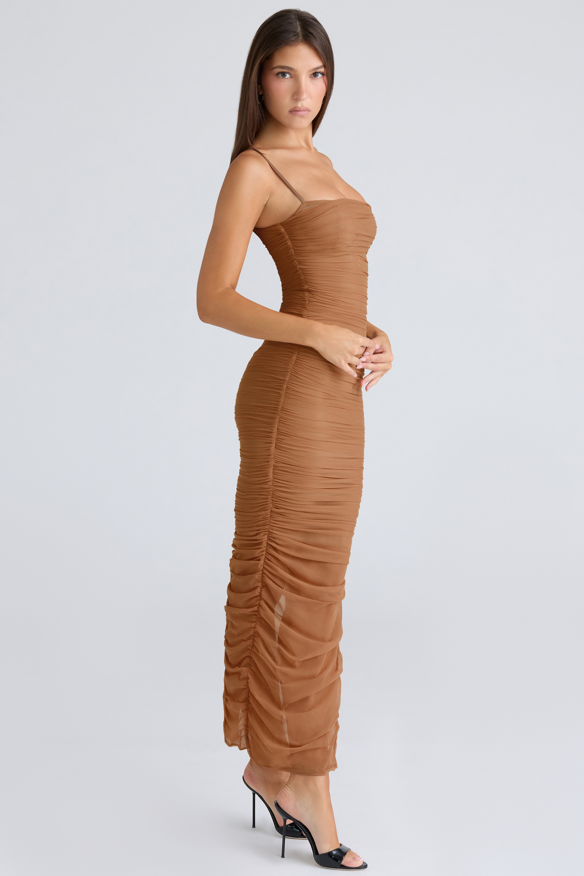 Fornarina Tan Gathered Stretch Mesh Maxi Dress