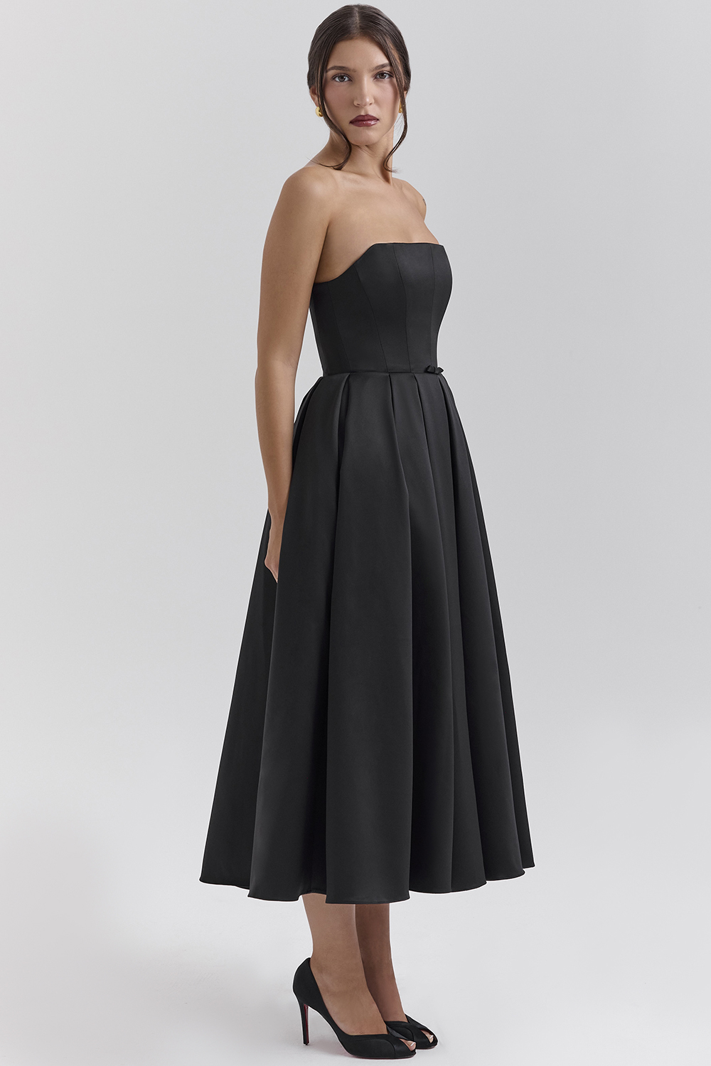 Contessa Black Strapless Satin Corset Midi Dress - SALE
