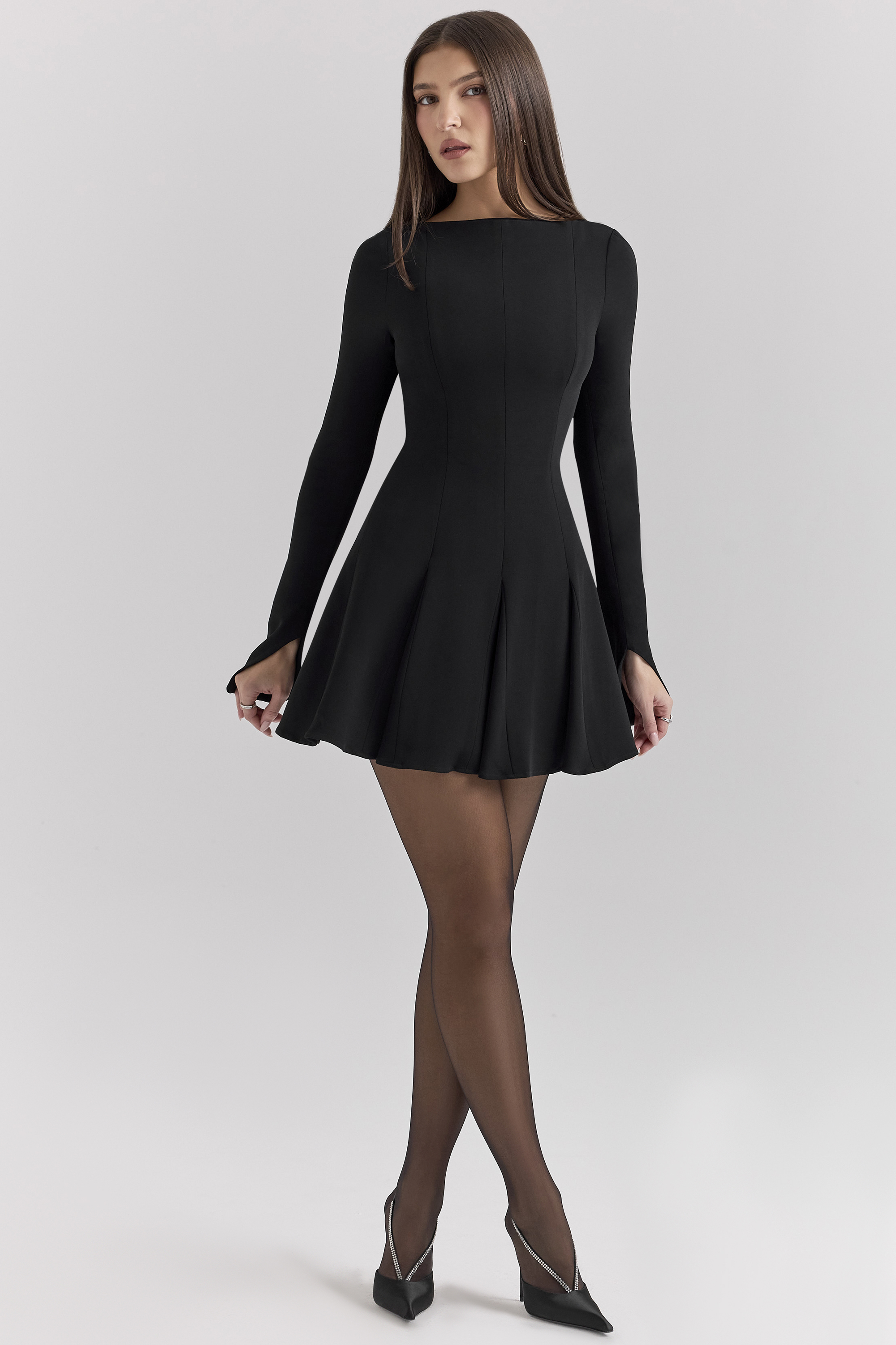 Francesca Black Stretch Crepe Godet Mini Dress