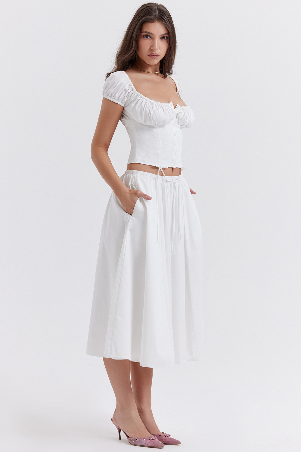 Cora White Gathered Midi Skirt