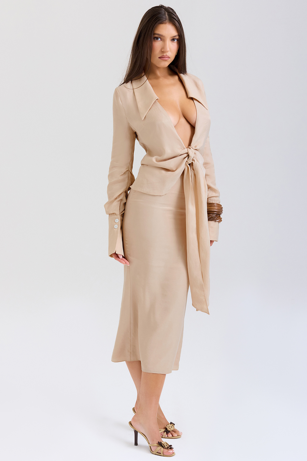 Nevaeh Almond Plunge Shirt Midi Dress