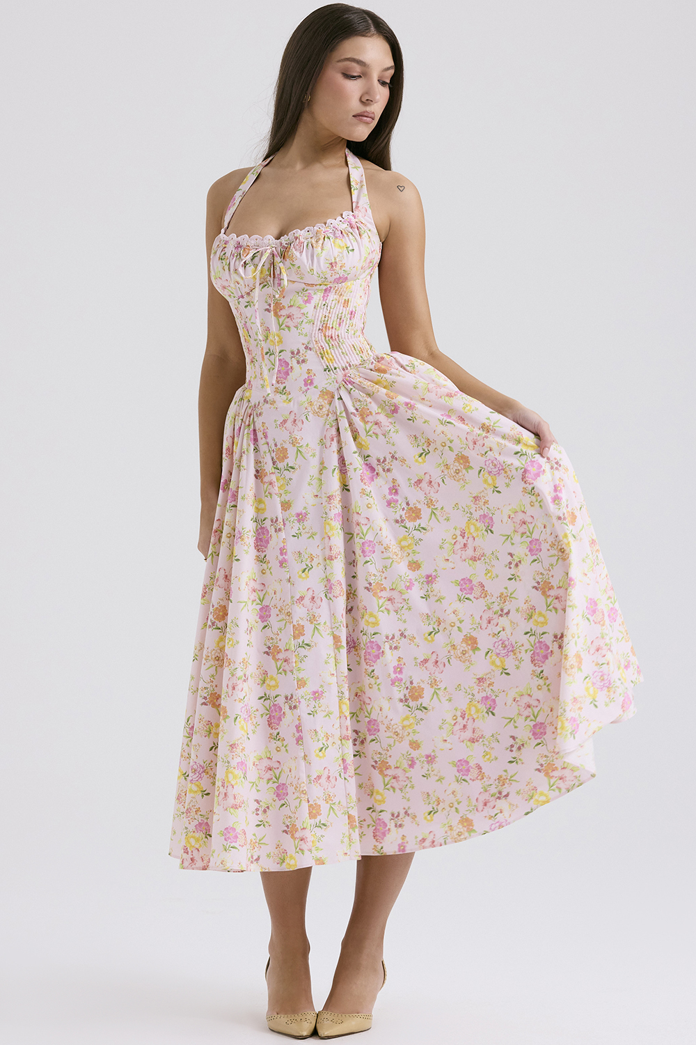 Adabella Pink Meadow Print Cotton Halter Midi Sundress