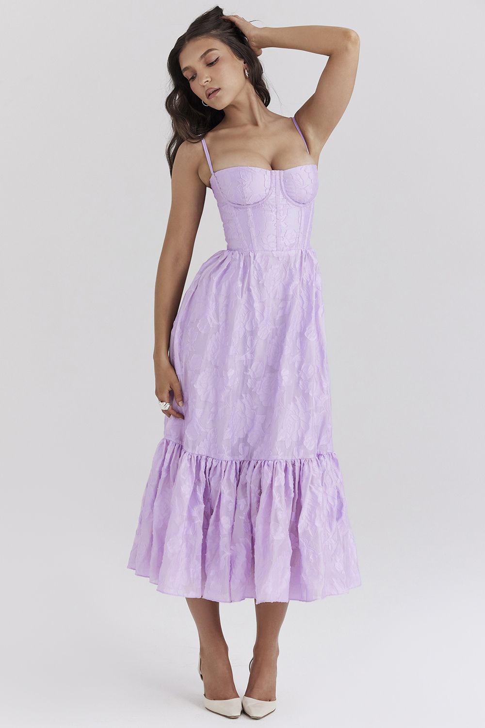 Mira Orchid Floral Jacquard Tiered Midi Dress