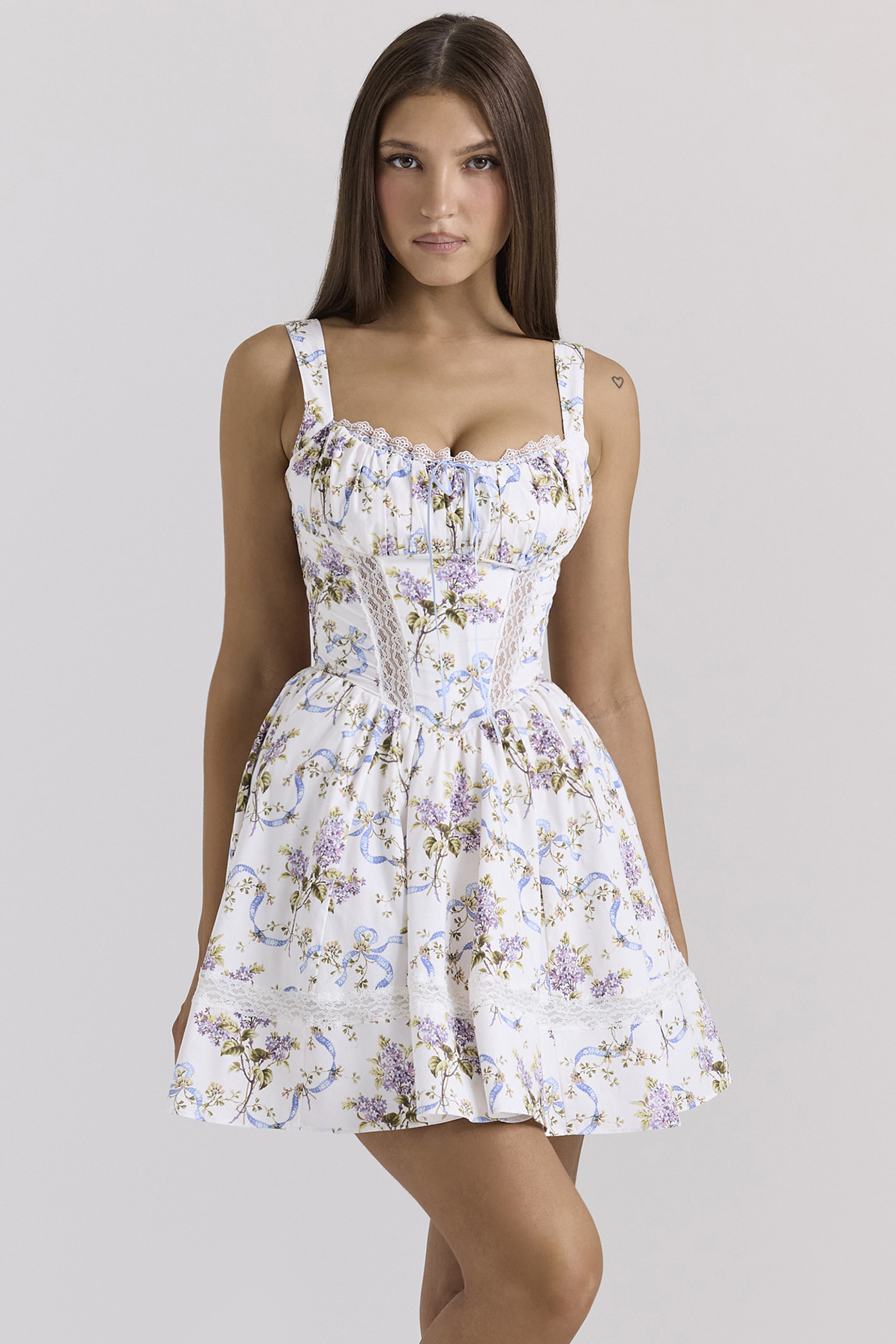 Kimmie White Floral Ribbon Print Cotton Mini Dress
