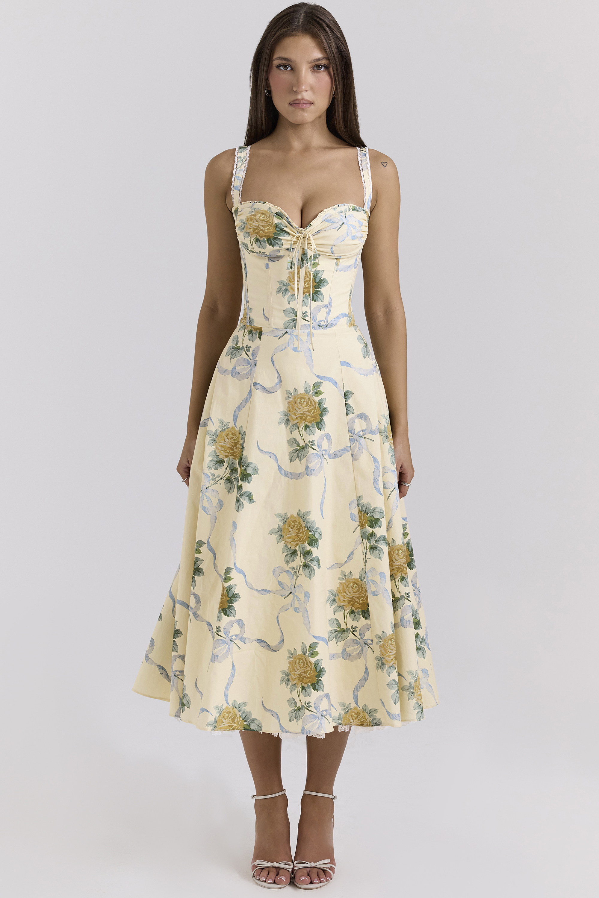 Rosalee Lemon Vintage Ribbon Print Cotton Midi Dress