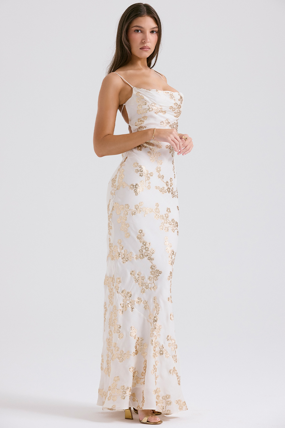 Capriana White & Gold Jacquard Satin Gown