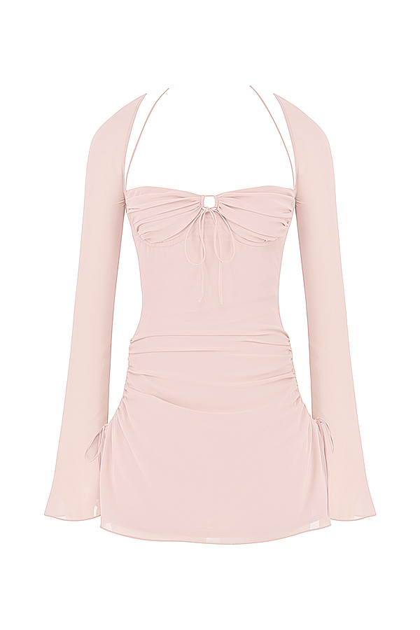 Baby Pink Quartz Chiffon Cutout Halter Mini Dress