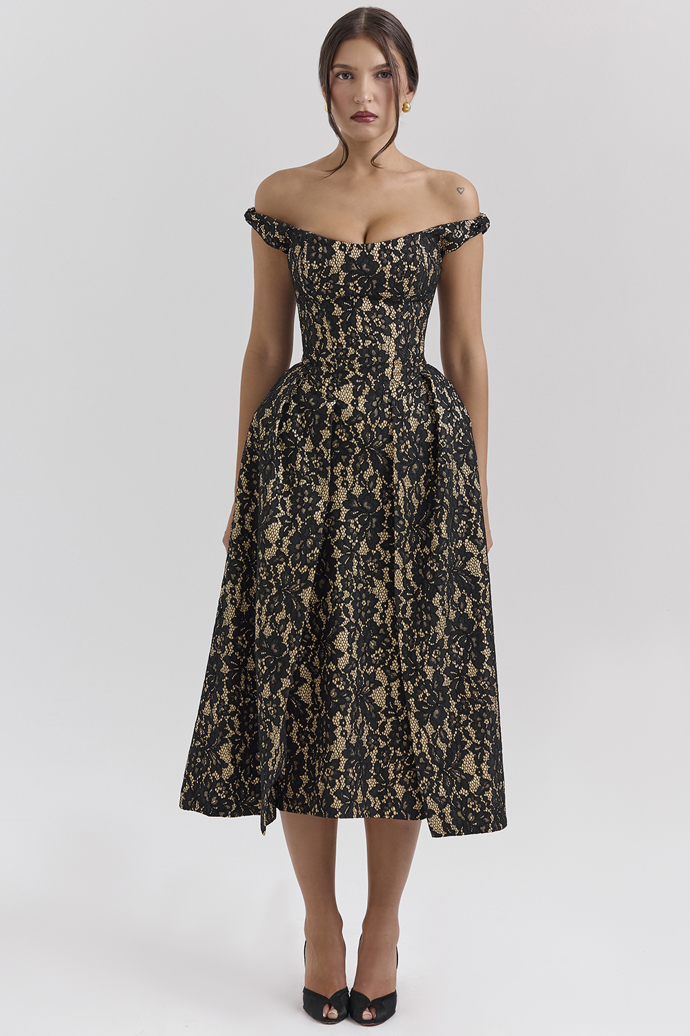 Charming Black Gold Lace Off Shoulder Midi Gown