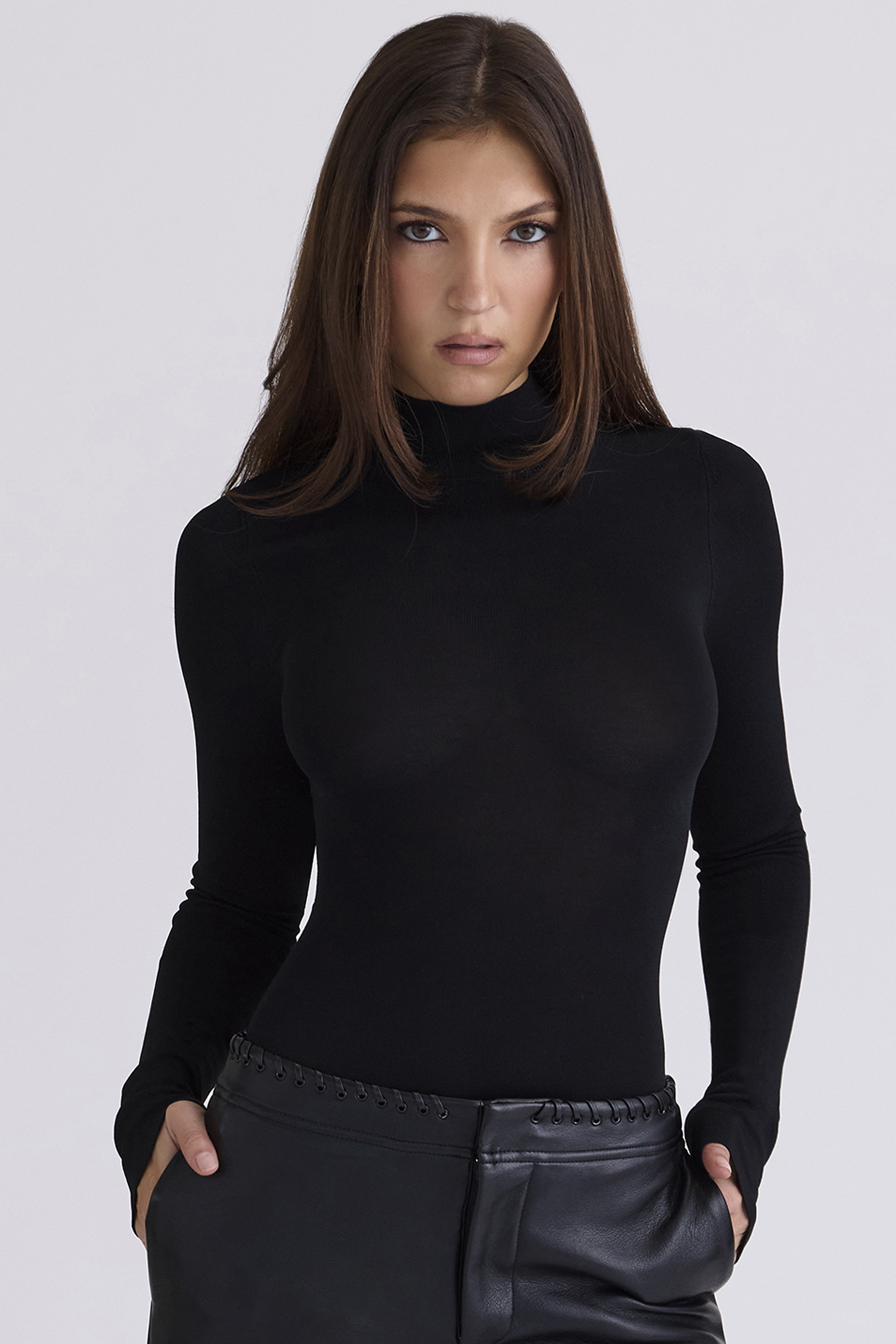 Eliena Black High Neck Long Sleeve Bodysuit