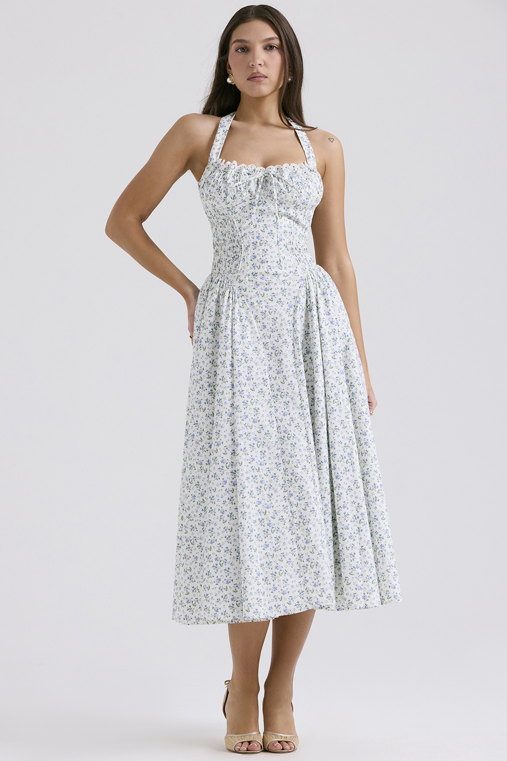 Adabella White Bluebell Print Cotton Halter Sundress