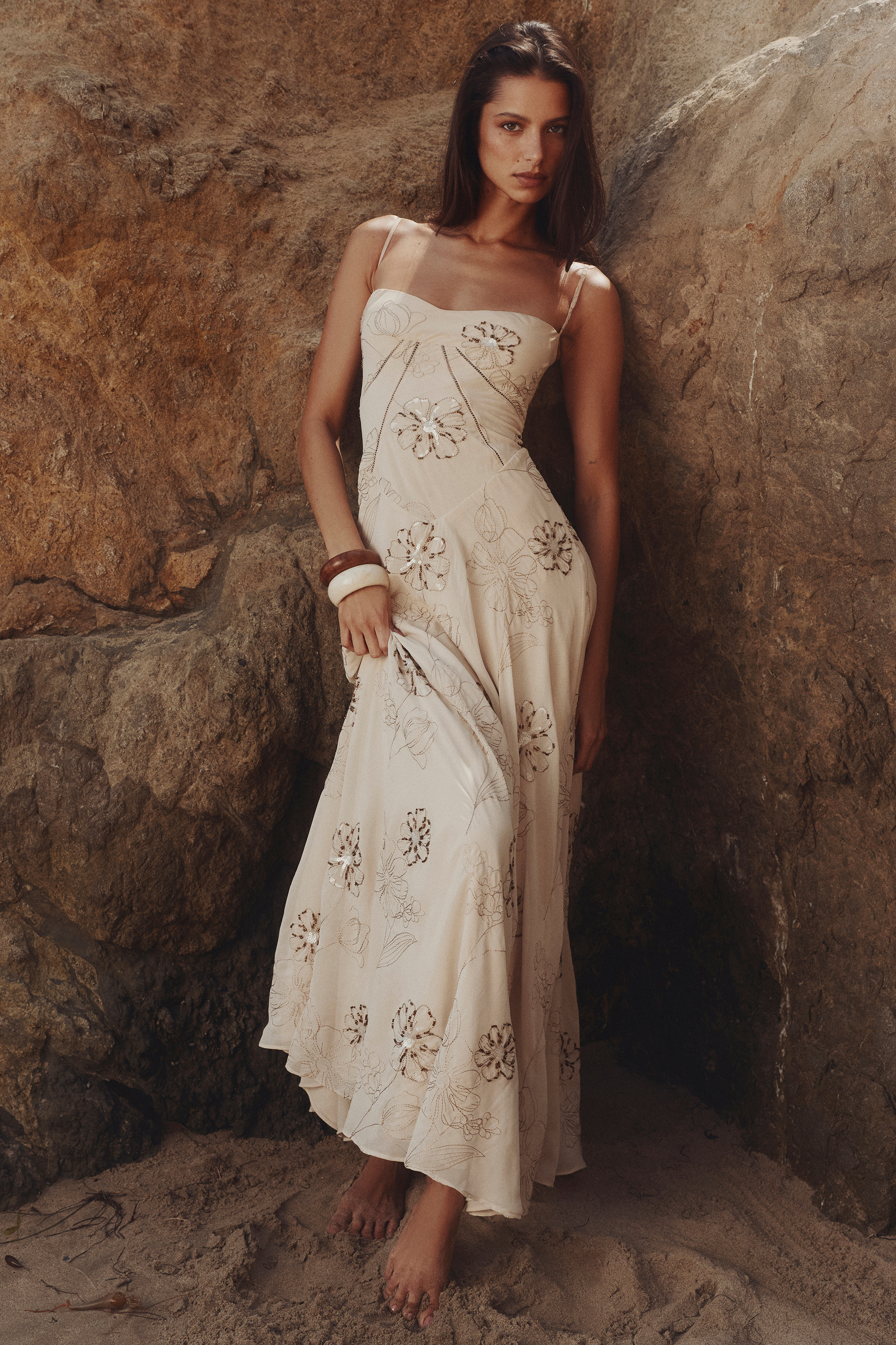 Seren Vanilla Embroidered Hand Beaded Floral Maxi Dress