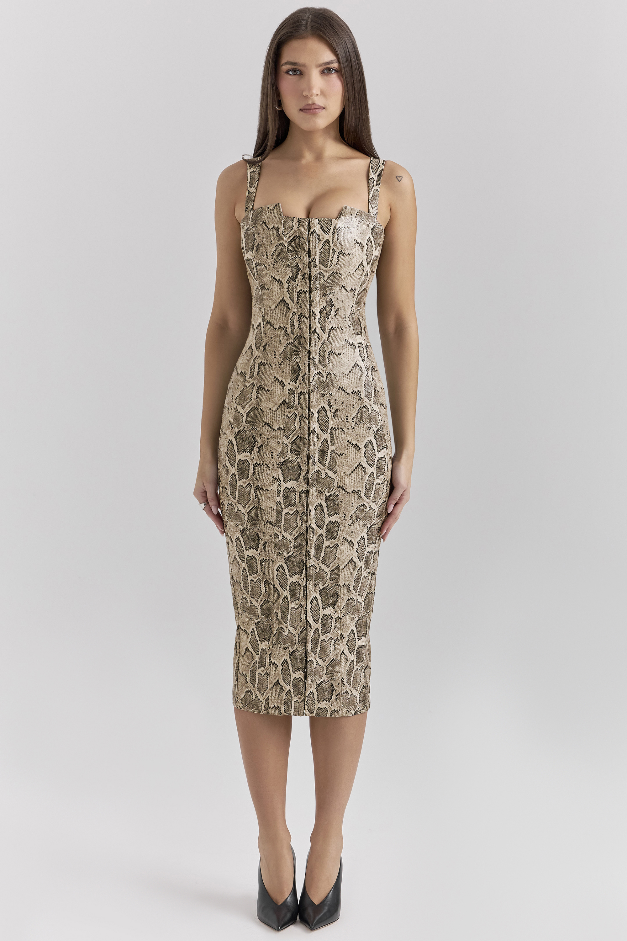 Gracie Snakeskin Print Vegan Leather Midi Dress