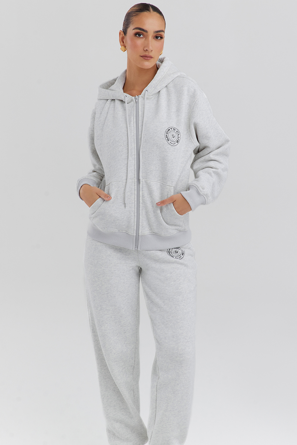 Mirage Light Grey Marl Cotton Fleece-Back Zip Through Hoodie