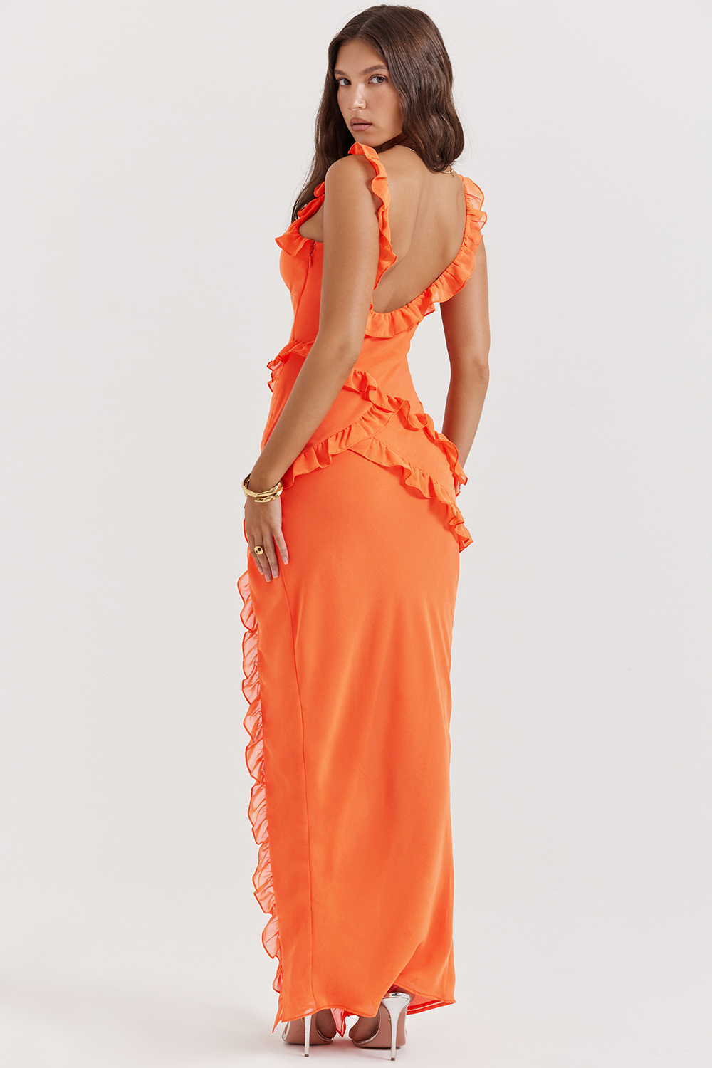 Pixie Flame Orange Ruffle Maxi Dress