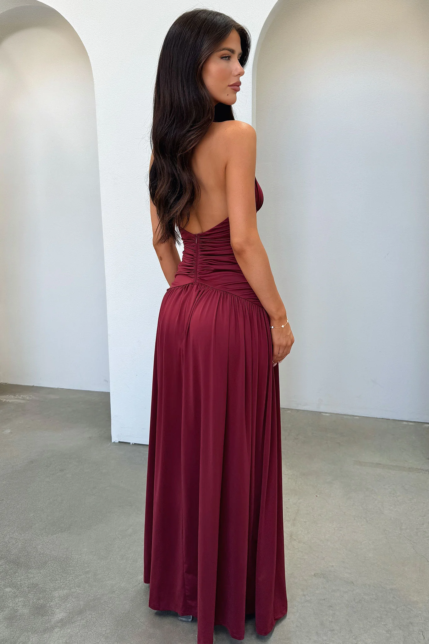 Ginevra Ruched Halter Maxi Dress - Burgundy