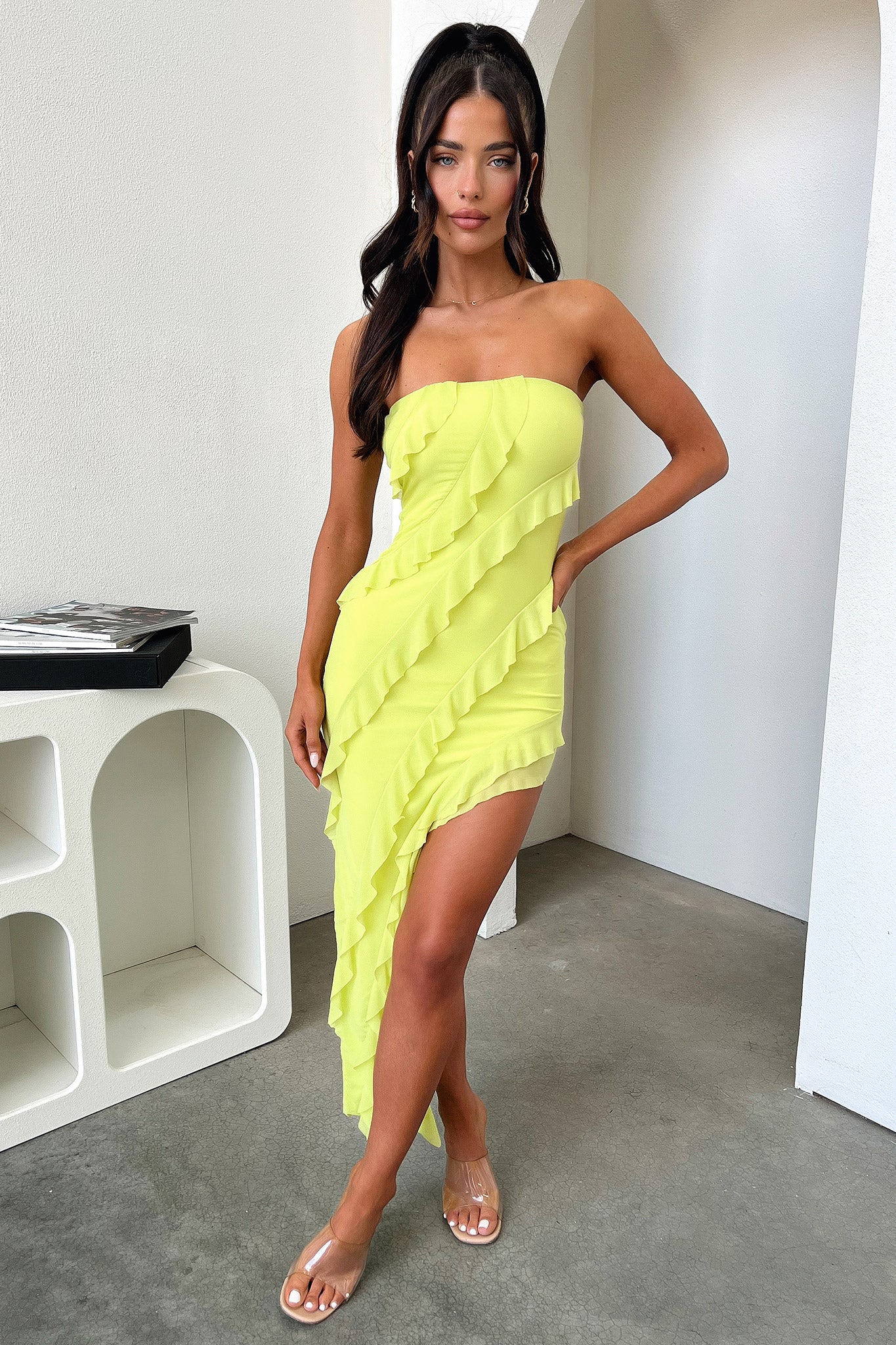 Jadore Strapless Ruffle Midi Dress - Lime
