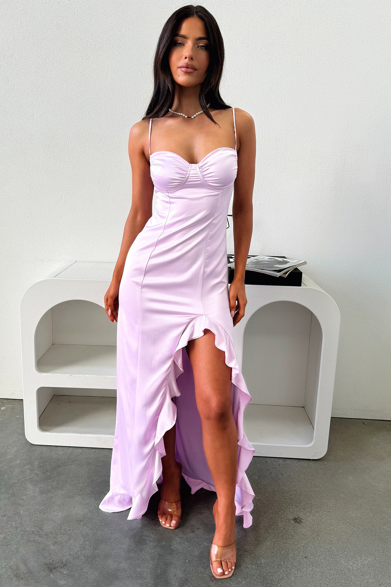 Lauren Ruffle Trim Satin Maxi Dress - Lilac