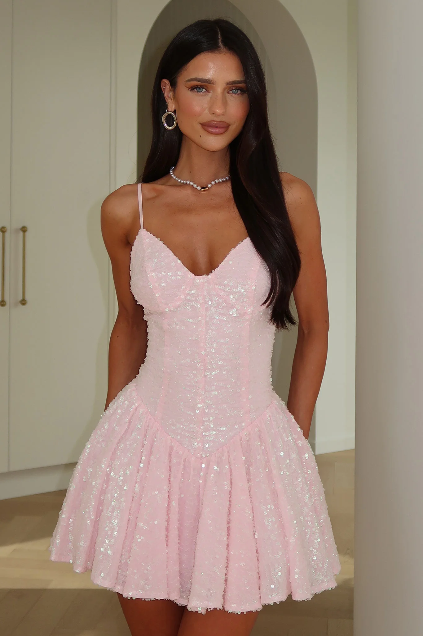 Mercedes Sequin Mini Dress - Baby Pink