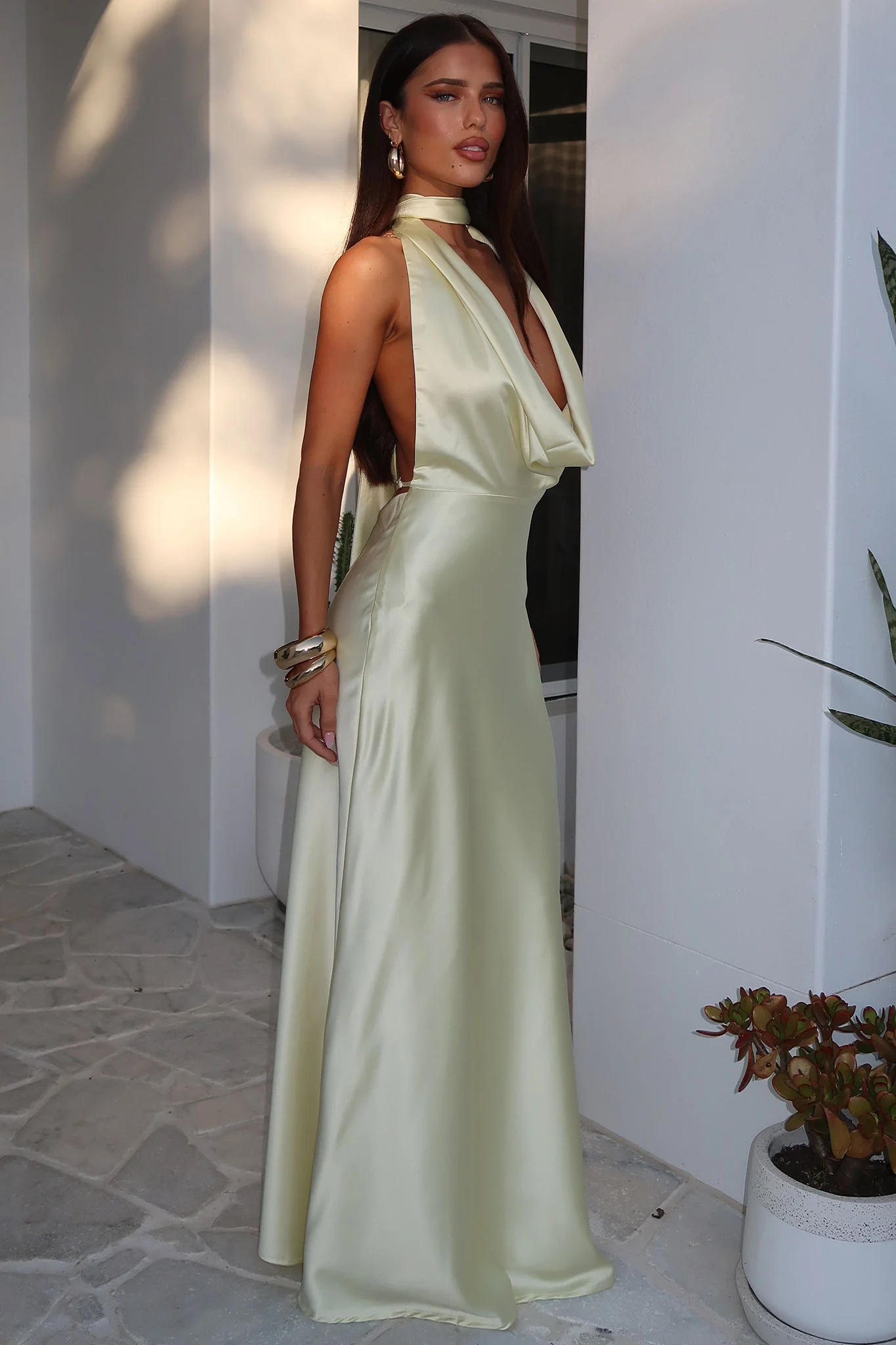 Zealand Plunge Halter Satin Maxi Dress - Yellow
