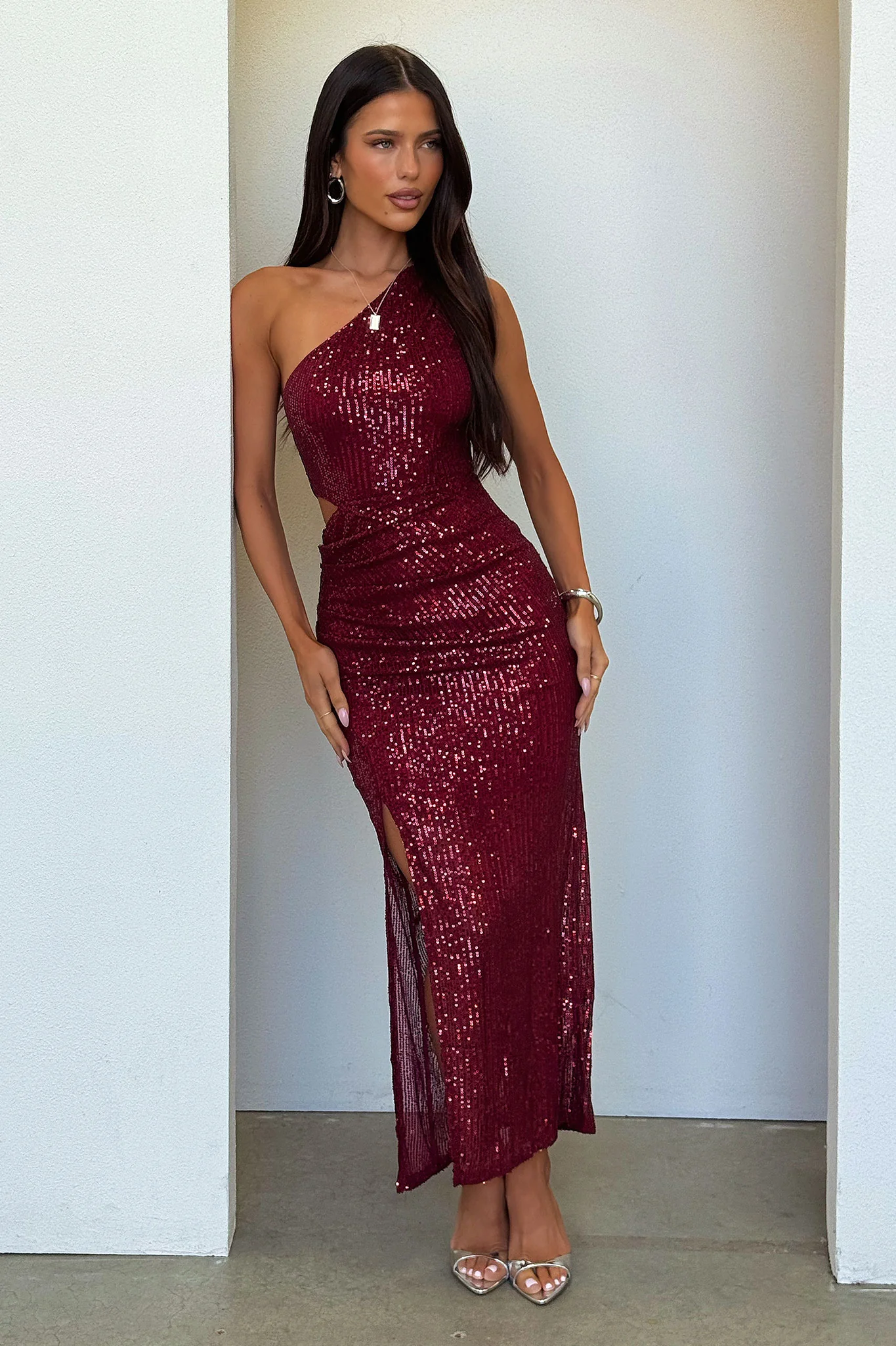 Dura One Shoulder Sequin Midi Dress - Burgundy