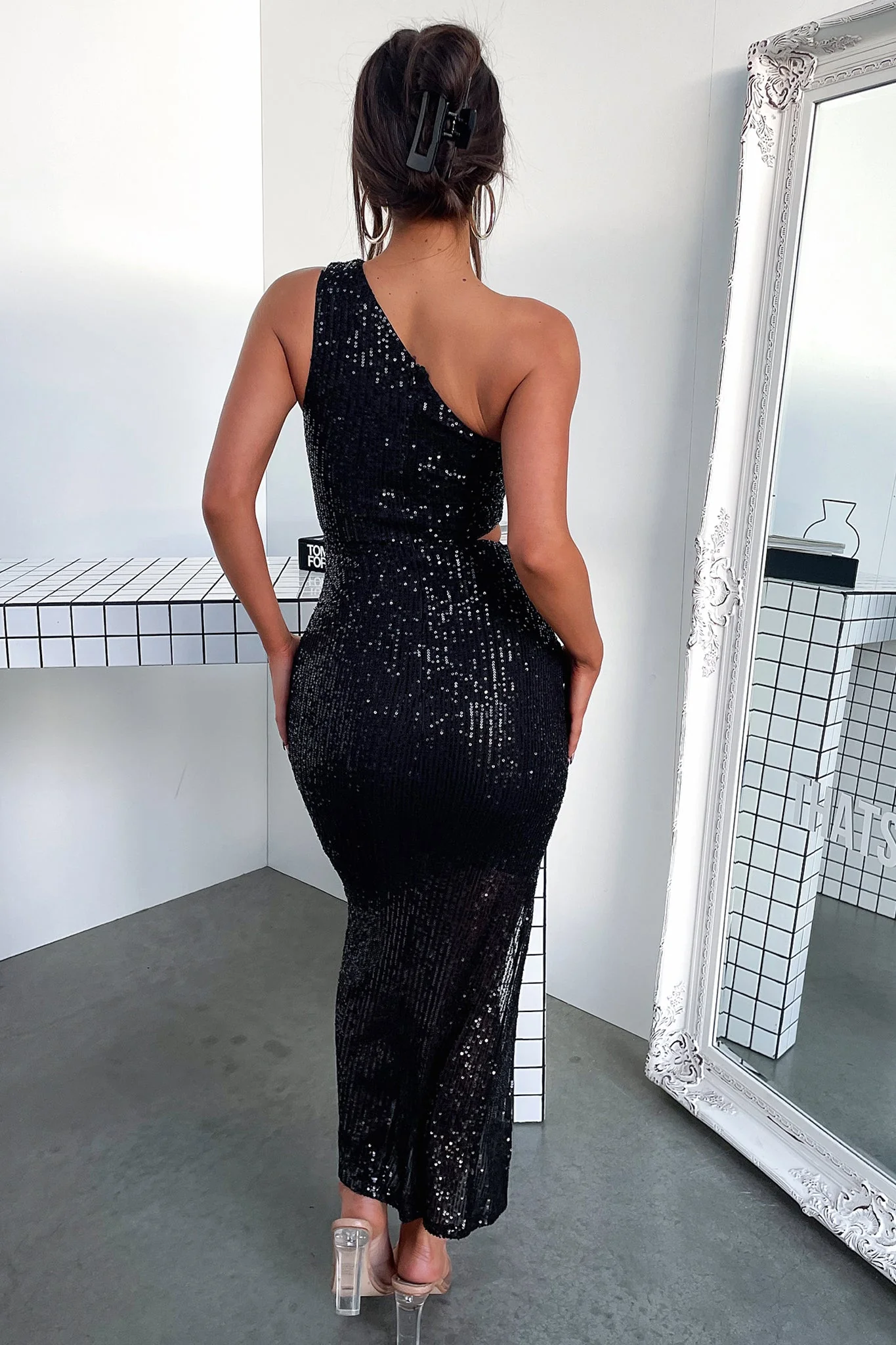 Dura One Shoulder Sequin Midi Dress - Black Sequin