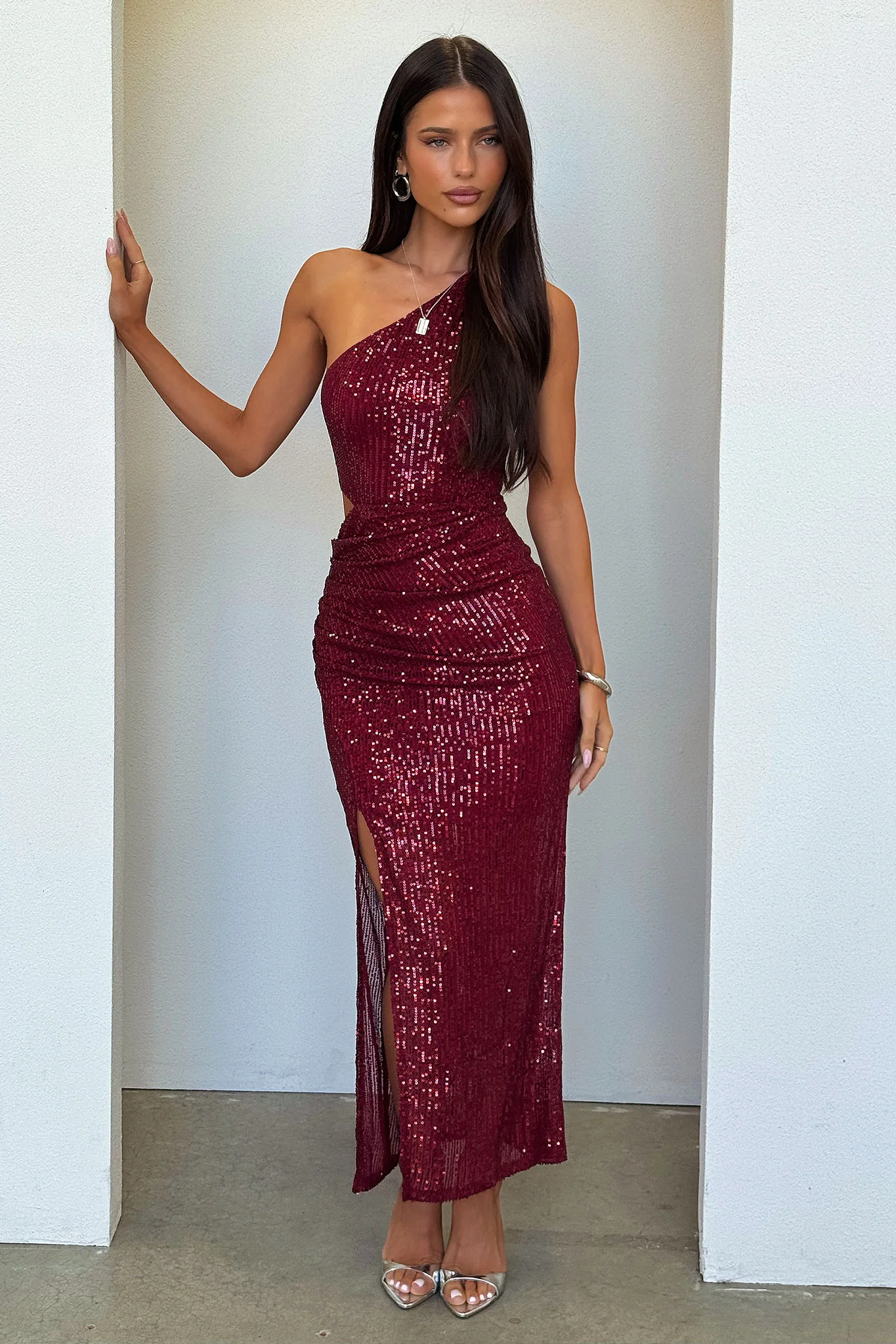 Dura One Shoulder Sequin Midi Dress - Burgundy