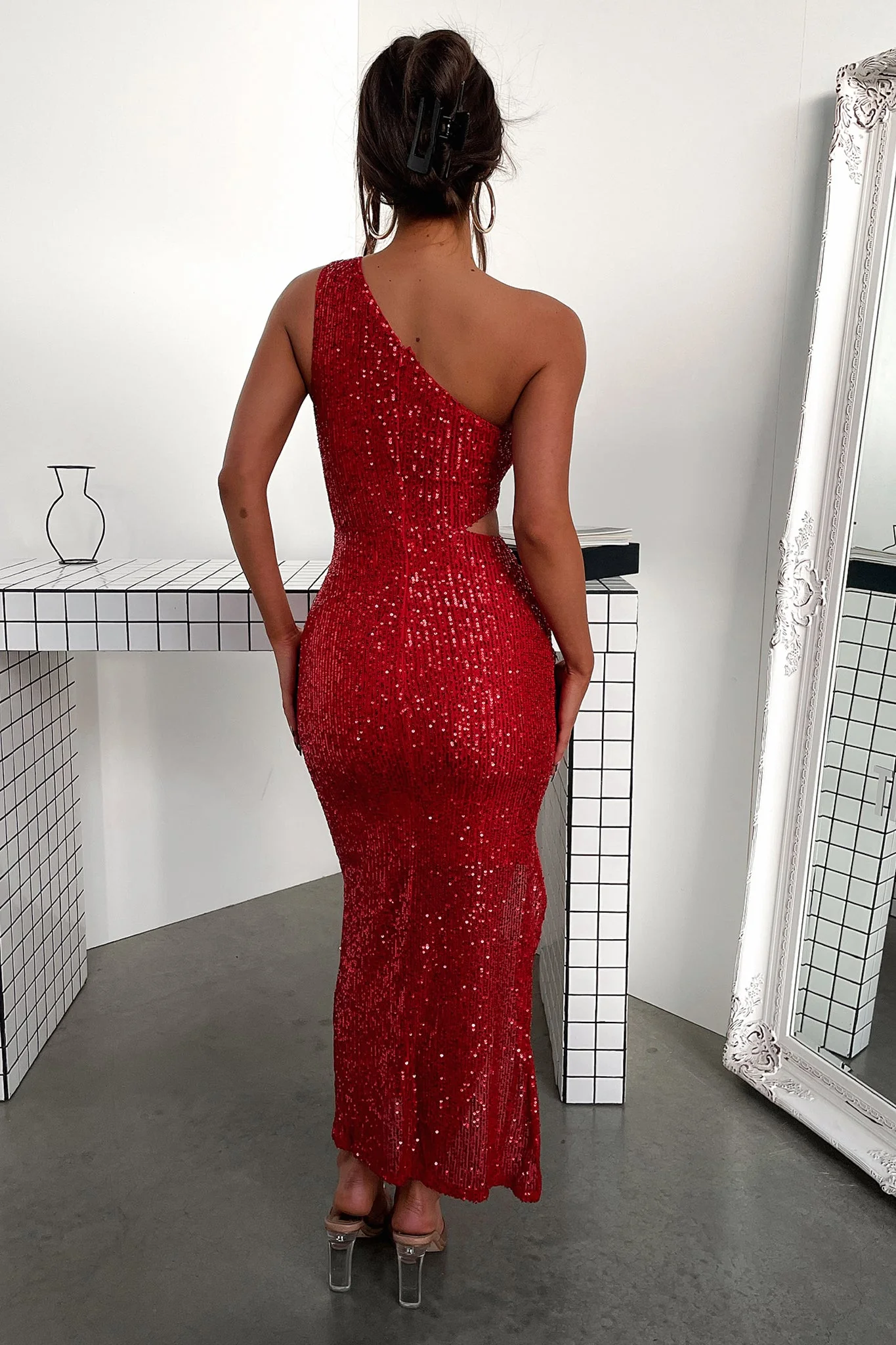 Dura One Shoulder Sequin Midi Dress - Red Sequin