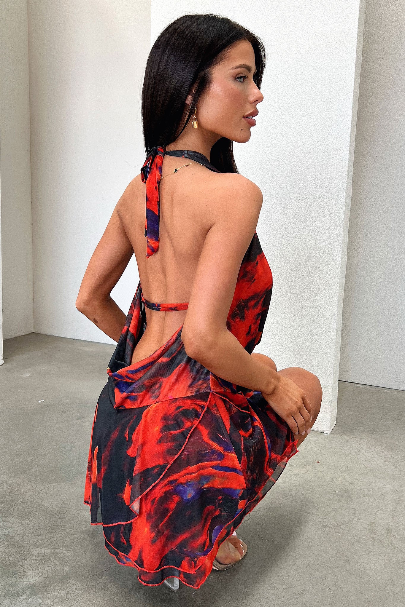 Cleo Plunge Cowl Neck Mini Dress - Black/Red