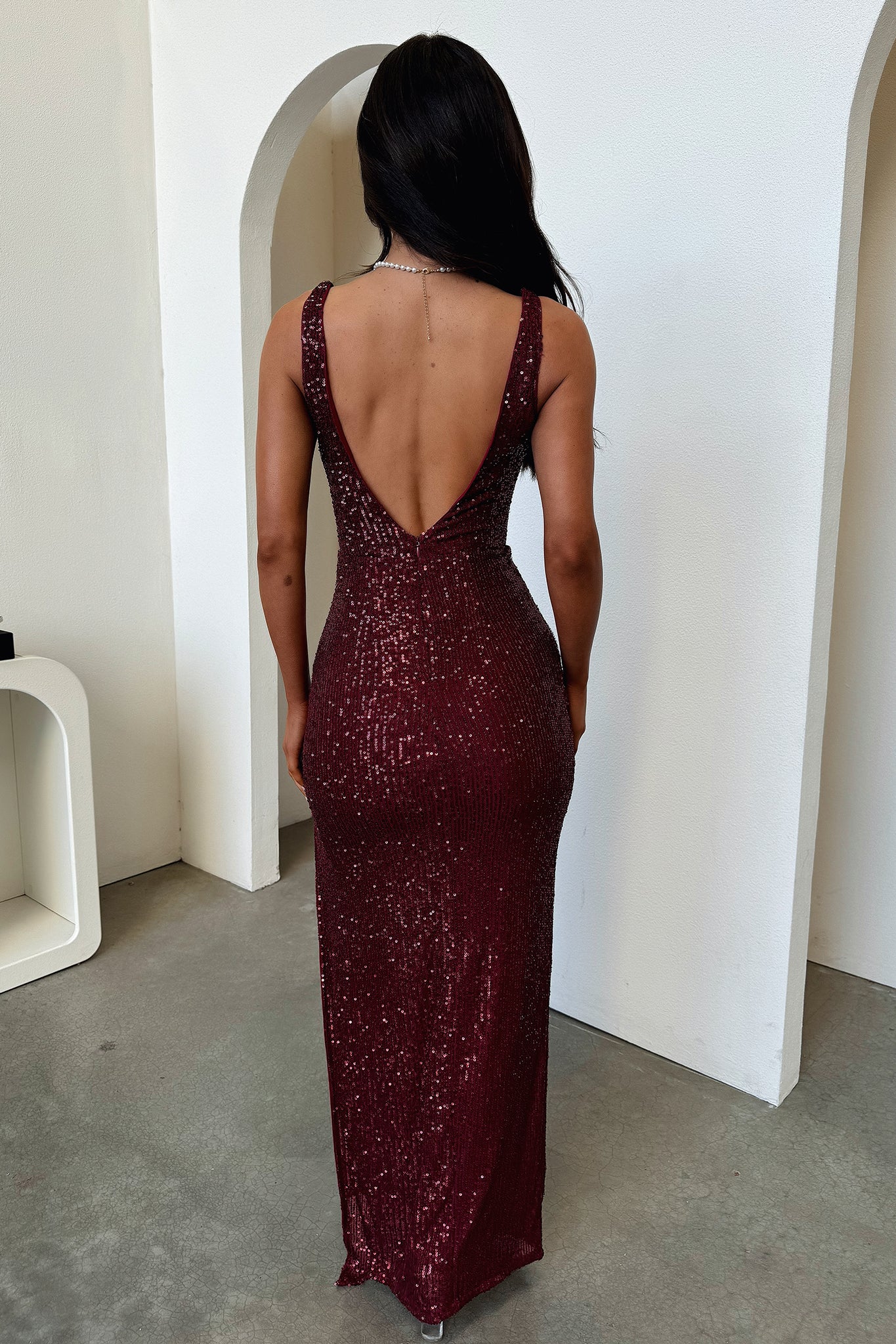 Lepore Sequin Cowl Neck Maxi Dress - Burgundy