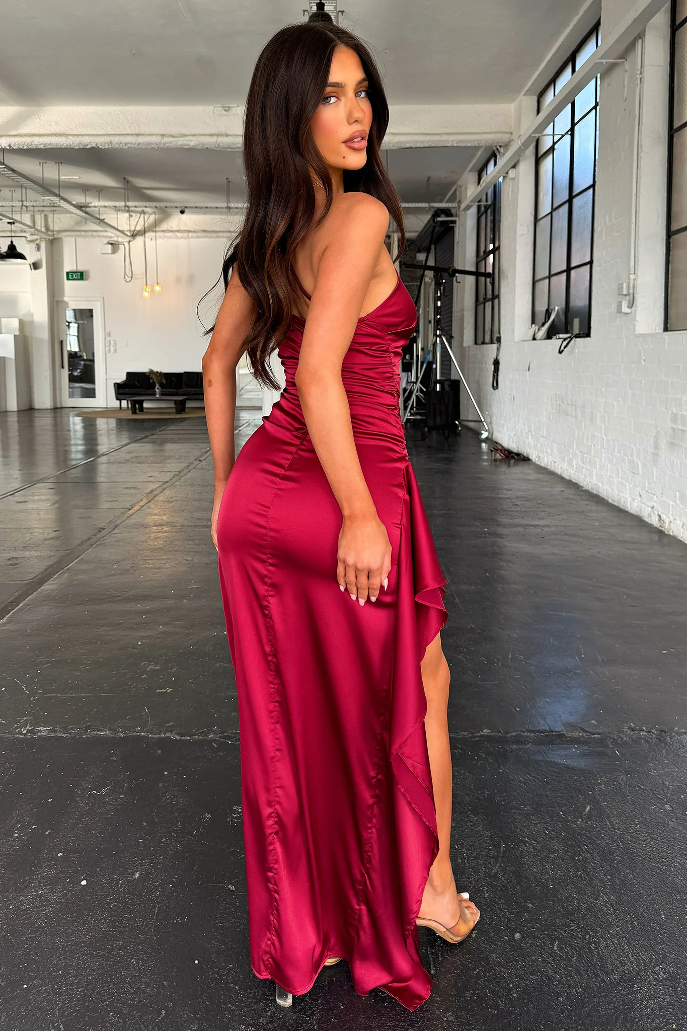 Elianna One Shoulder Satin Maxi Dress - Burgundy